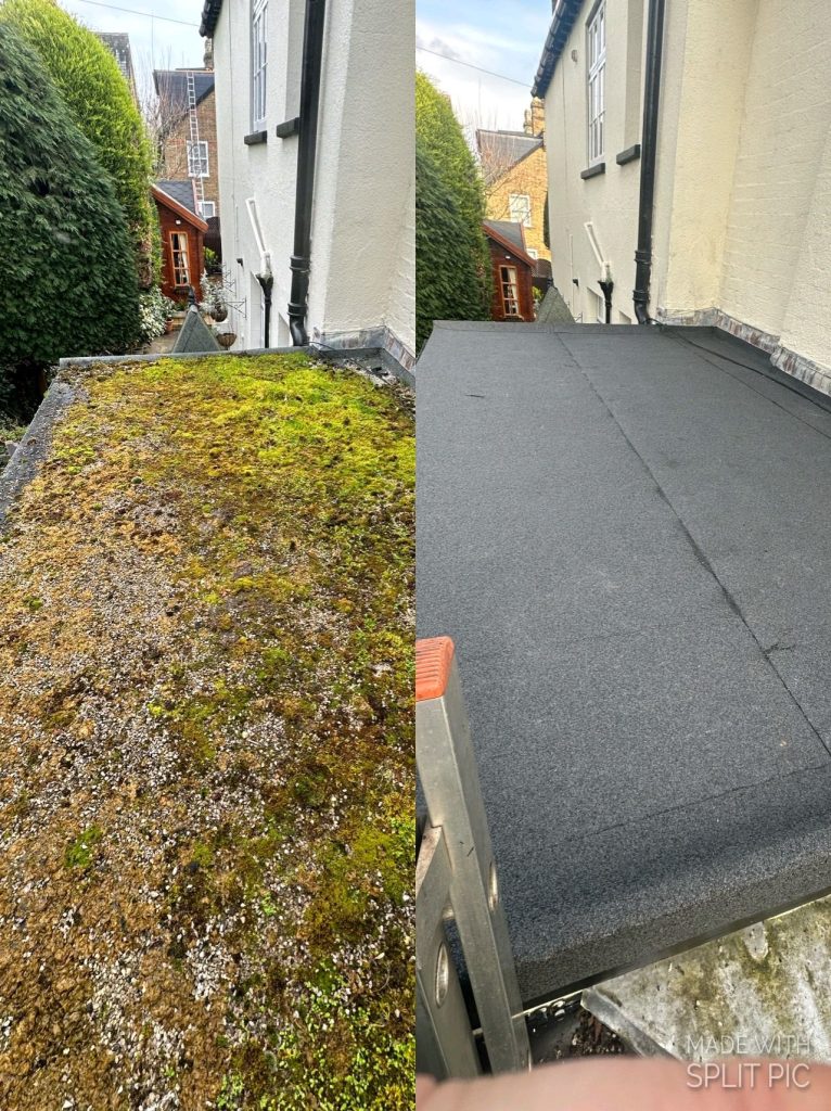 before and after of a new flat roof installation