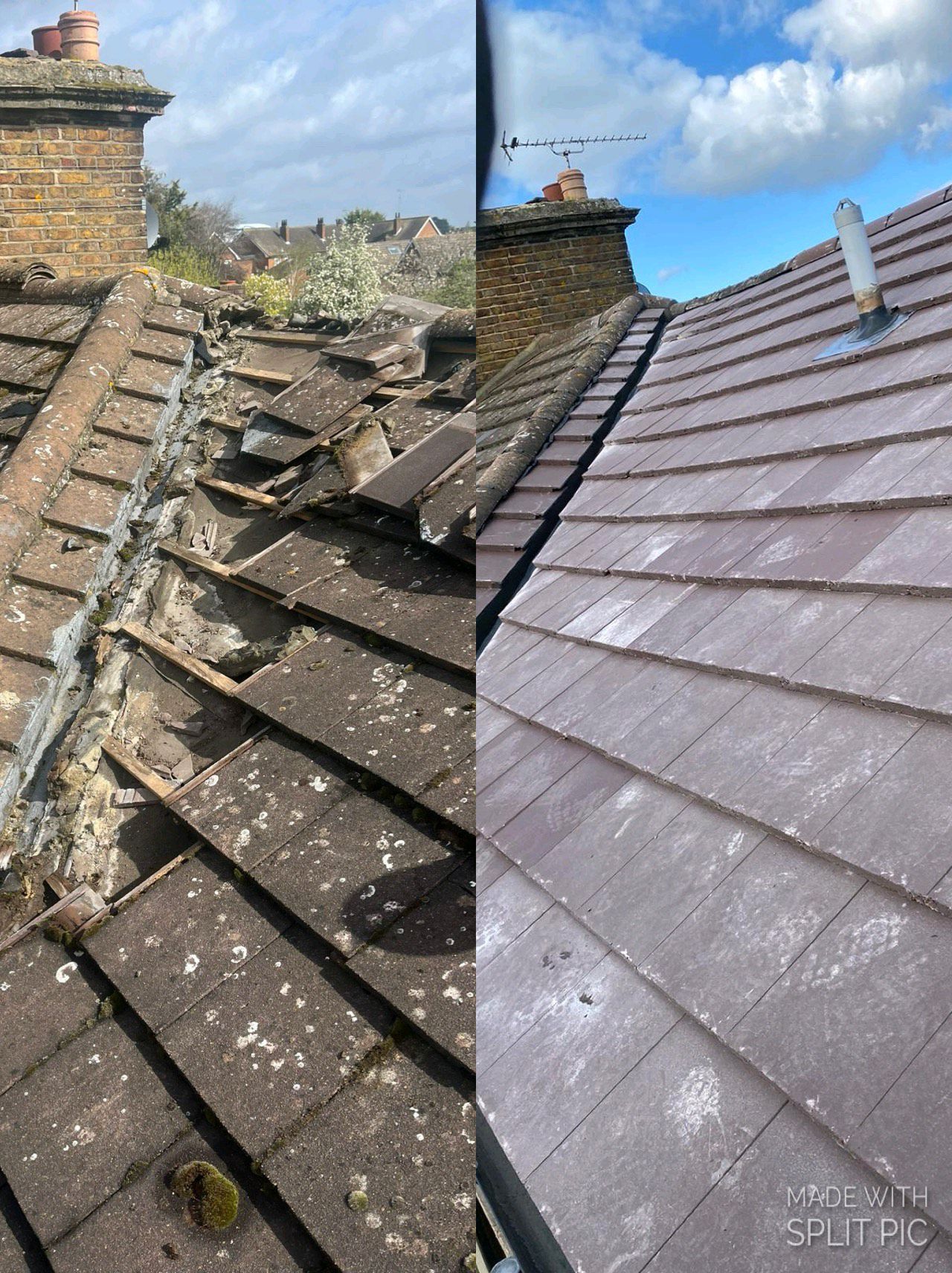 damaged roof before and after a roof repair