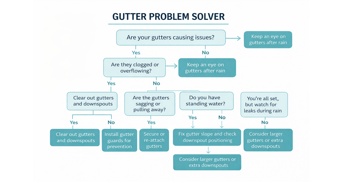 A flowchart titled 'Gutter Problem Solver' guiding through steps to diagnose and fix common gutter issues.