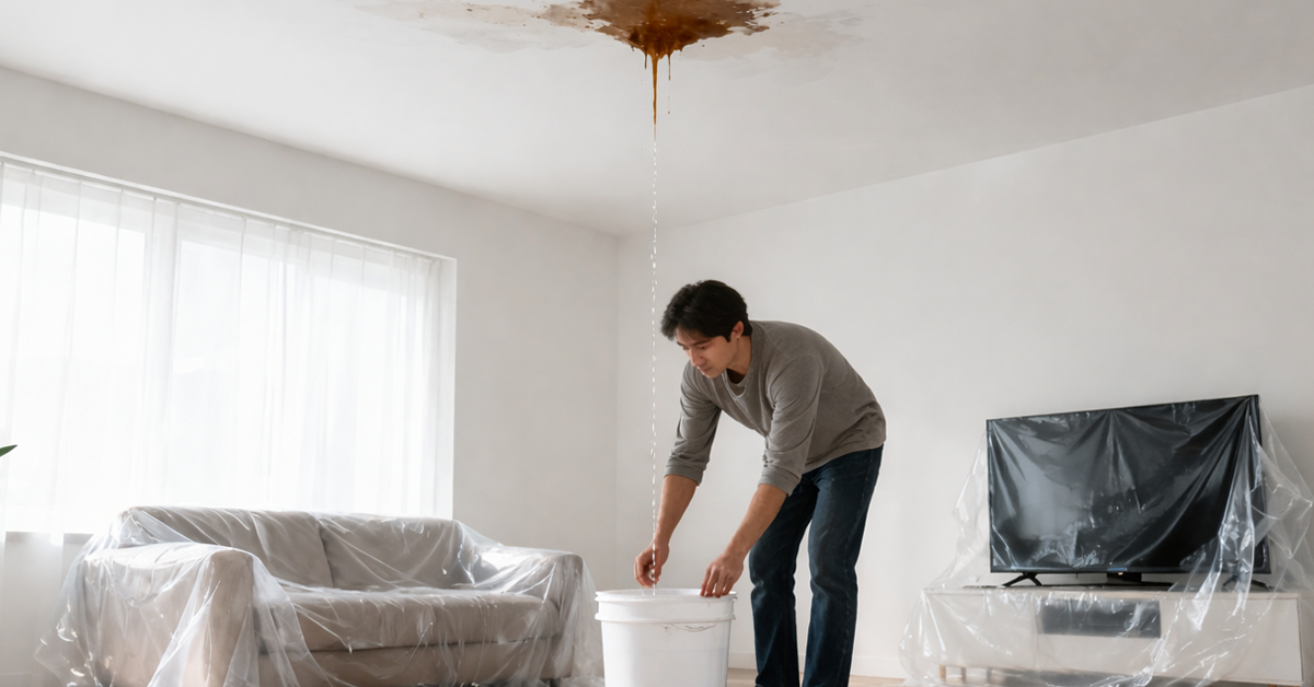 A man catches water from a severe ceiling leak in a bucket, with furniture covered.