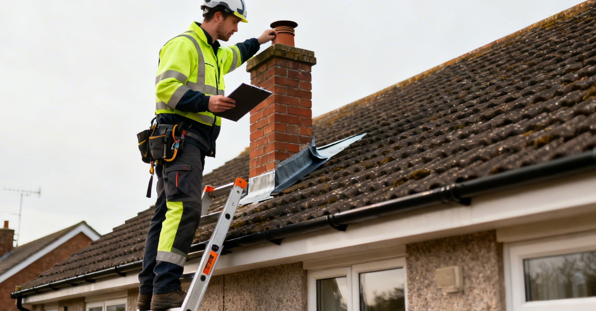 A man in high-vis clothing and a hard hat on a ladder inspecting a house chimney.