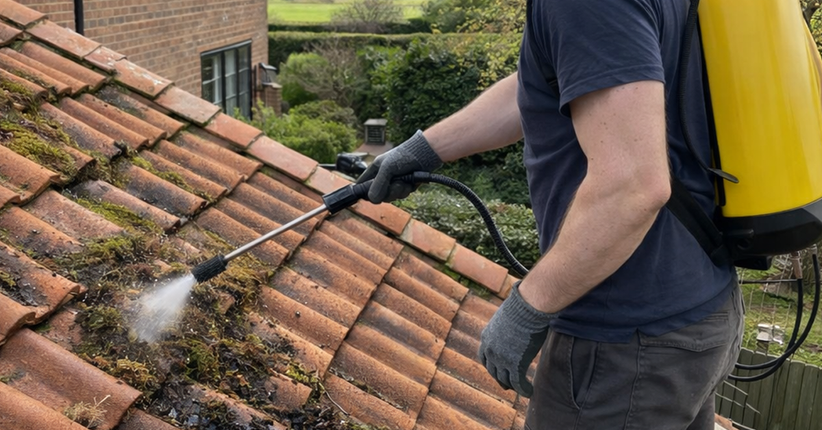 A man with a backpack sprayer is cleaning moss and debris from terracotta roof tiles.