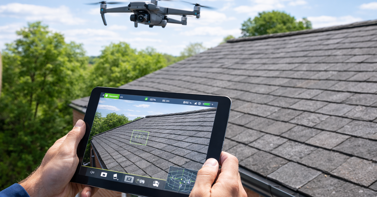 A person uses a tablet to control a drone performing a roof inspection on a sunny day.