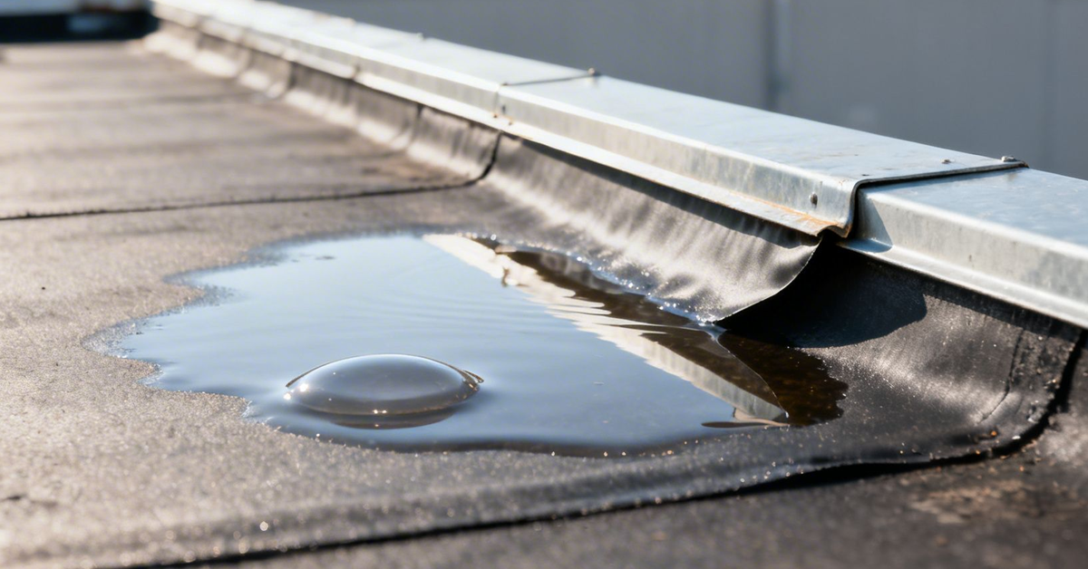 A puddle of standing water on a black commercial flat roof next to a metal edge with a reflection.