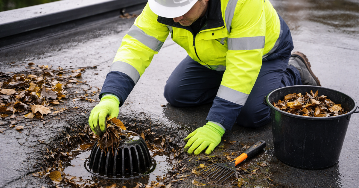 A worker in a high-visibility uniform cleans leaves from a commercial flat roof drain.