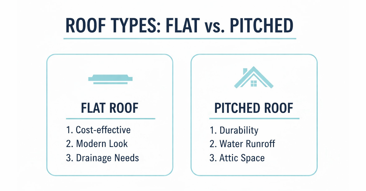 An infographic comparing flat roofs and pitched roofs, detailing their benefits and features like durability, cost, and space.