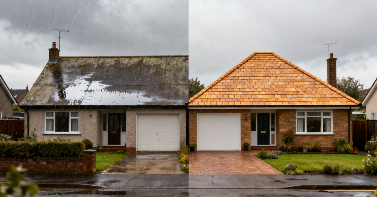 Before and after renovation of a house, showing a flat roof replaced with a pitched, tiled roof.