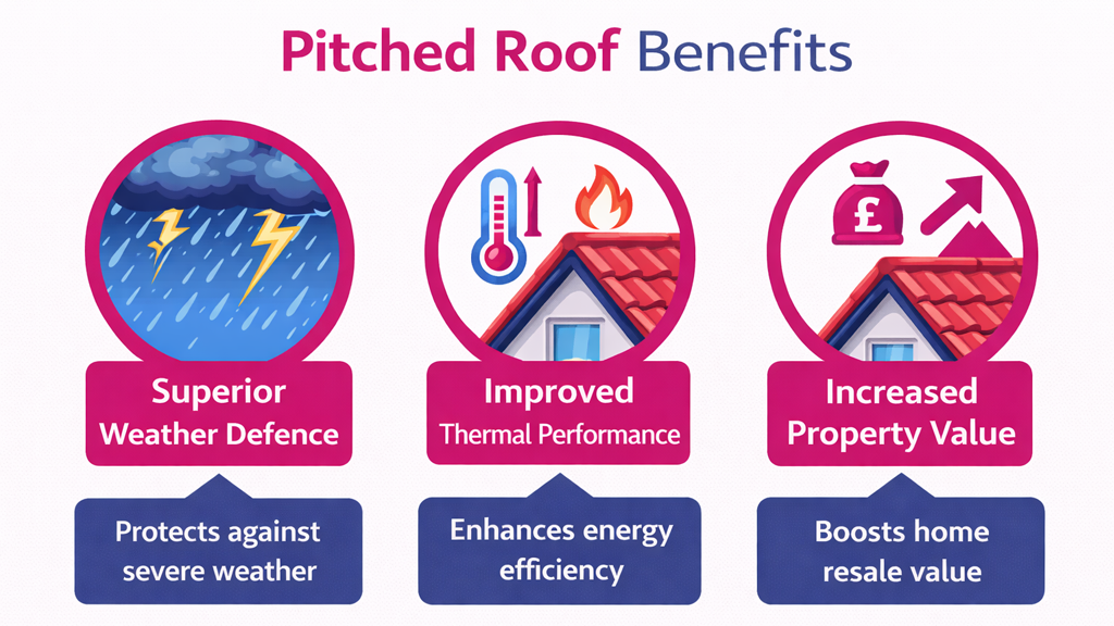 Infographic detailing pitched roof benefits: superior weather defense, improved thermal performance, and increased property value.