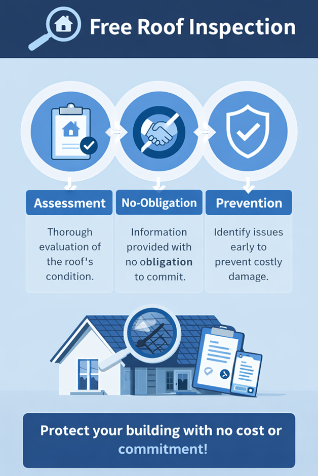 Infographic illustrating the benefits and process of a free roof inspection, covering assessment, no-obligation, and prevention.