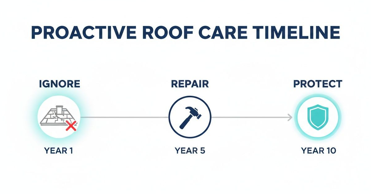 Proactive roof care timeline showing ignore at Year 1, repair at Year 5, and protect at Year 10.