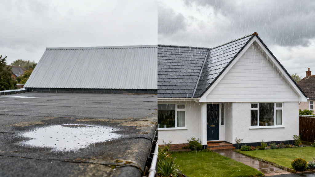 Split image comparing a flat roof with standing water to a new pitched roof shedding rain.