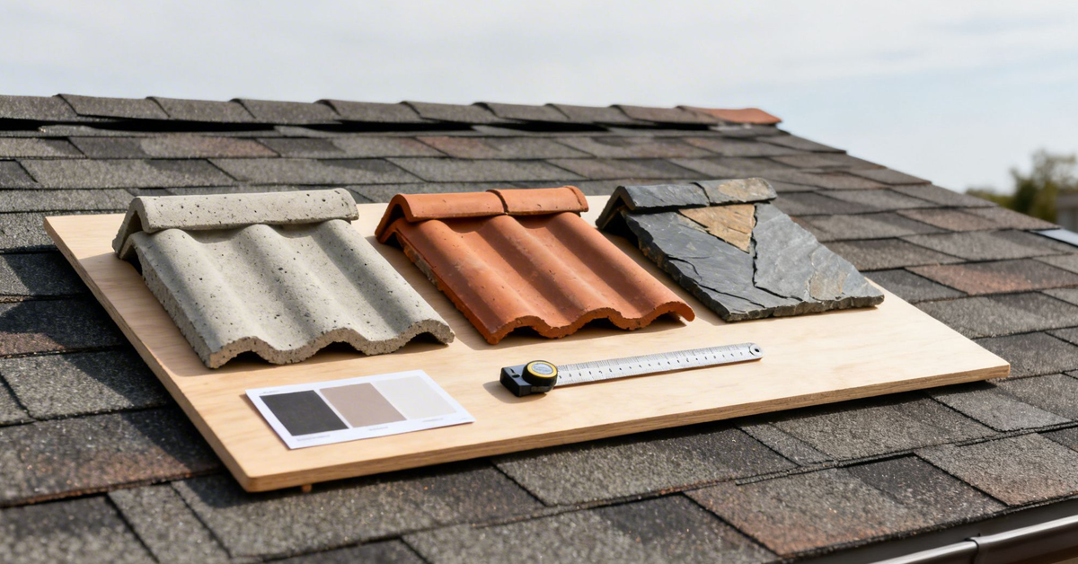 Three types of roofing materials, concrete, terracotta, and slate, displayed on a shingled roof for selection.