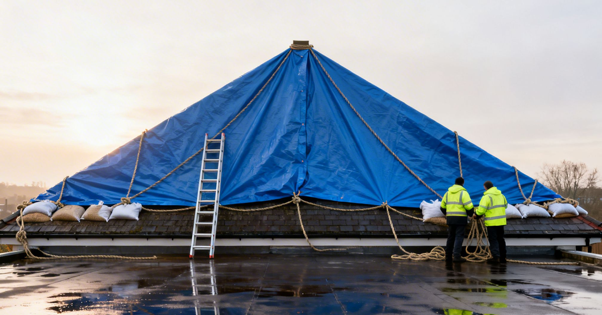 Two workers secure a blue tarp covering a pyramidal roof with ropes and sandbags during emergency repair.