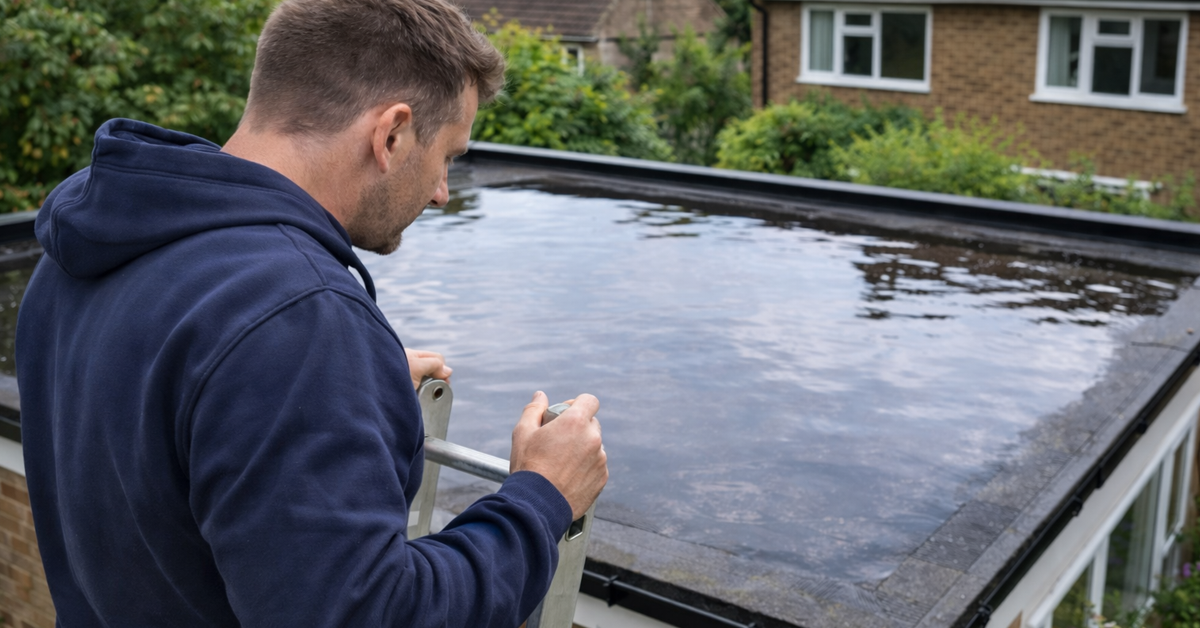 a homeowner up a ladder inspecting water logged flat roof on uk property