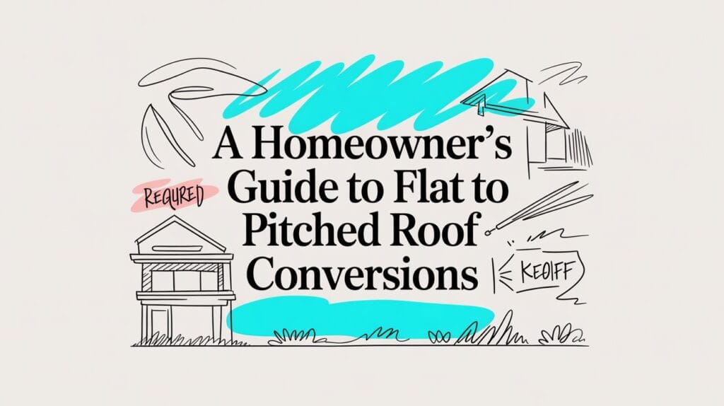 Illustrated blog cover graphic for A Homeowner's Guide to Flat to Pitched Roof Conversions