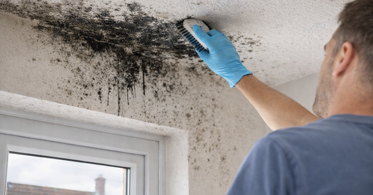 someone removing black mould from their ceiling in a uk property