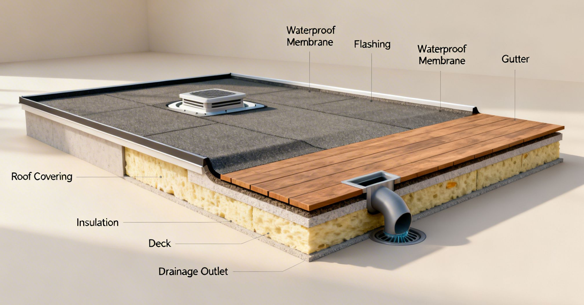 A detailed cutaway diagram illustrating the multiple layers and components of a commercial flat roof.