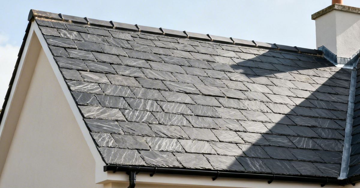 A detailed view of a grey slate tiled roof on a sunny day with a white house facade.
