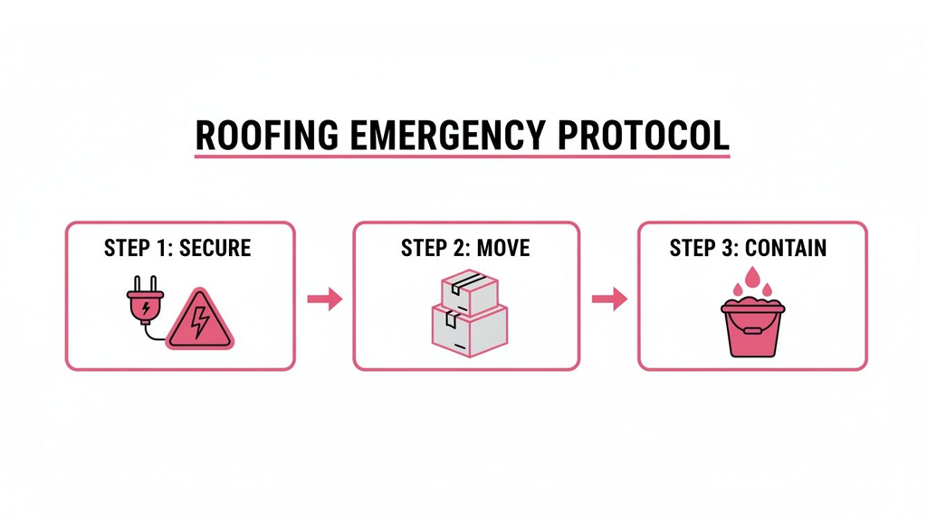 A diagram outlining a roofing emergency protocol with three steps: secure electrical, move items, and contain water.