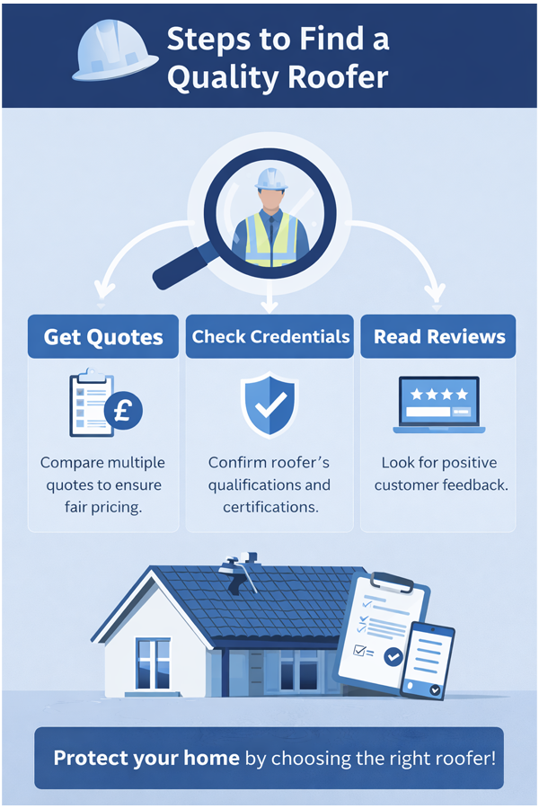 A flowchart detailing the process of finding and hiring a roofer, including steps like getting quotes, reviewing portfolios, and checking for guarantees.