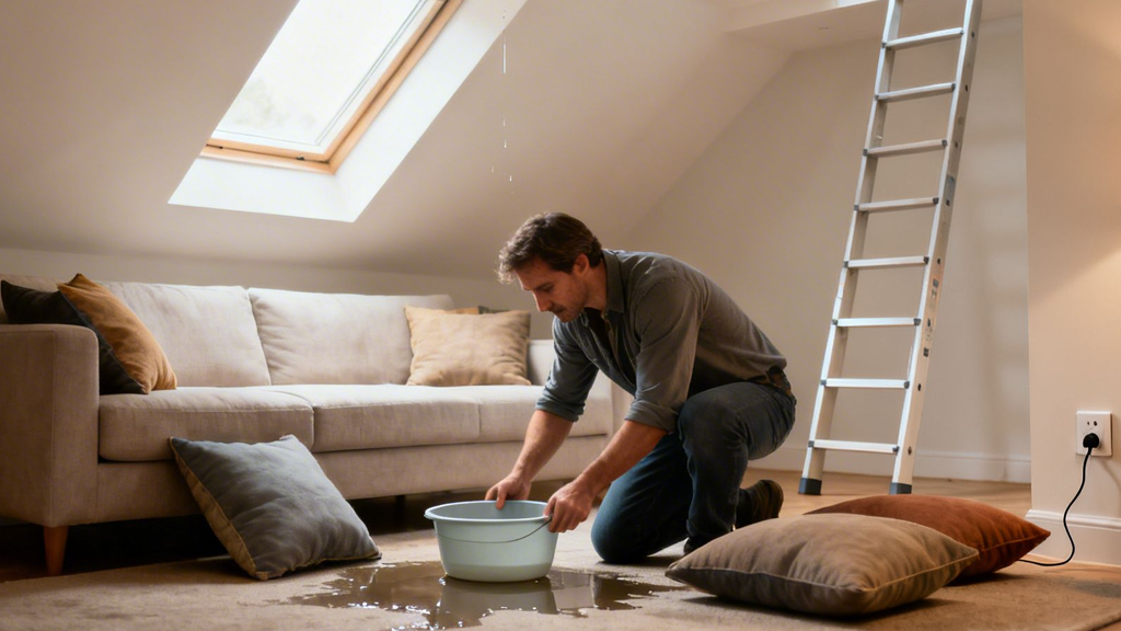 A man deals with a sudden roof leak in his attic room, catching water in a bucket as it drips from the ceiling.