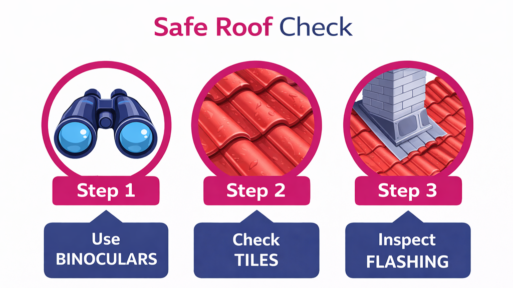 A visual guide illustrating a three-step safe roof check process focusing on binoculars, tiles, and flashing.