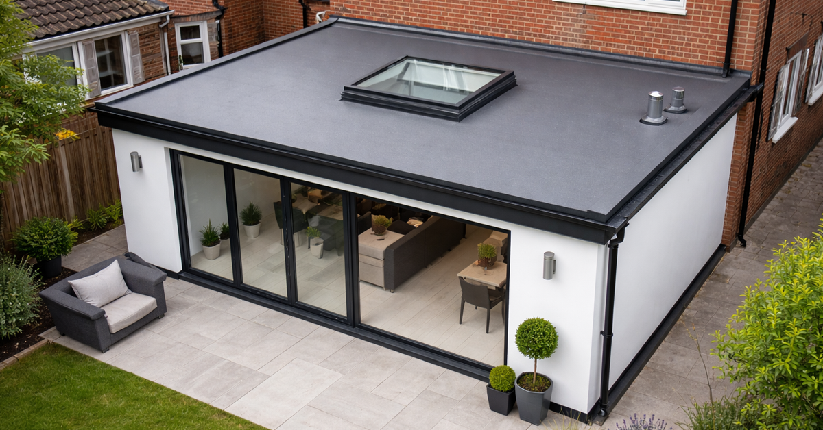 Aerial view of a modern house extension with a grey flat roof and white walls.