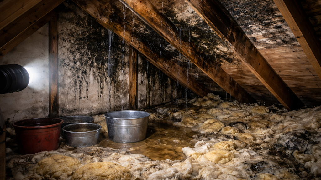 An attic with severe water damage, black mold growth, and wet insulation, illuminated by a flashlight.