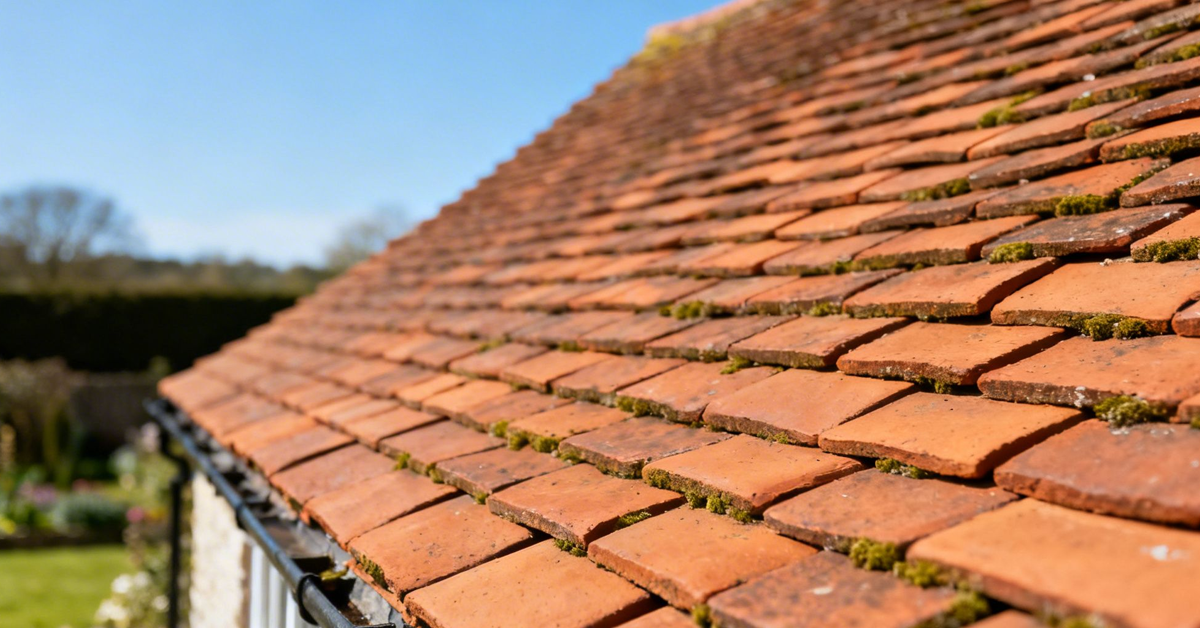 Close-up of weathered terracotta roof tiles covered in moss under a bright blue sky.