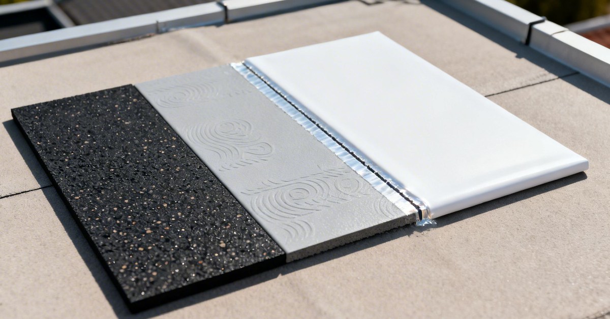 Comparison of black, gray patterned, and white flat roof material samples on a building.