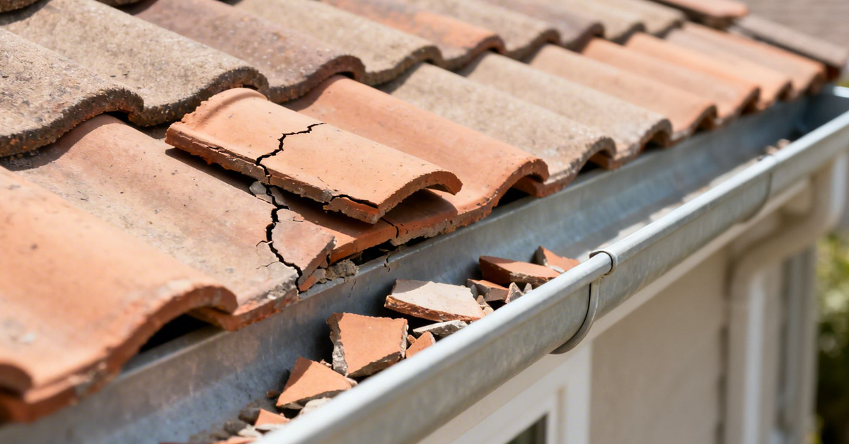 Damaged terracotta roof tiles with cracks and broken pieces falling into a metal gutter.