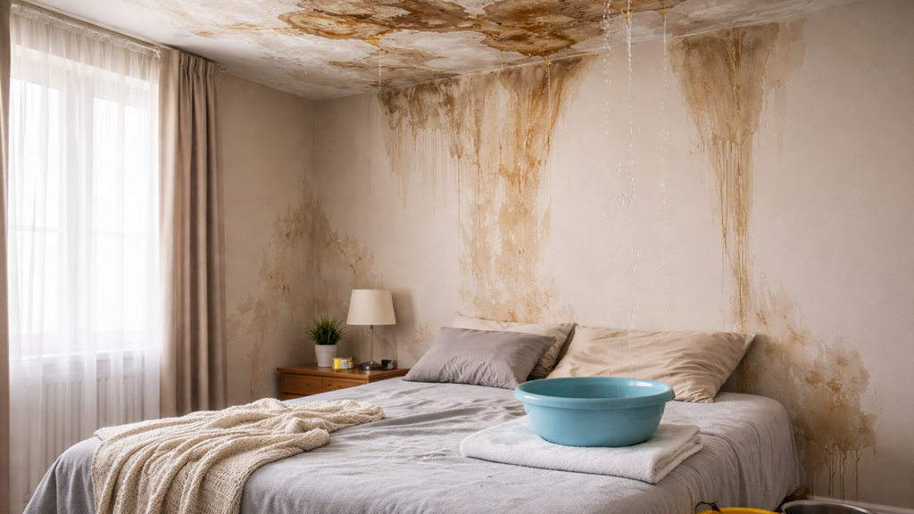 Extensive ceiling and wall water damage in a bedroom, with a bowl collecting drips.
