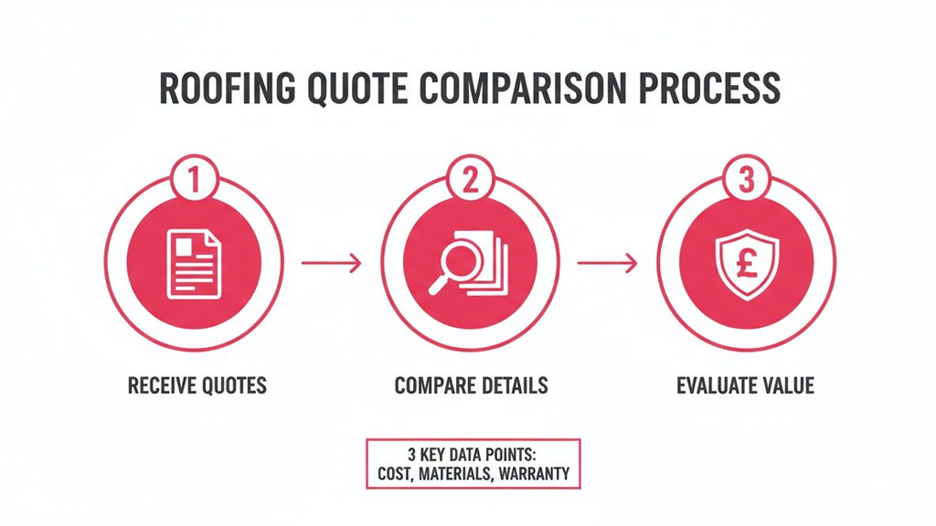 Infographic illustrating a three-step roofing quote comparison process focusing on cost, materials, and warranty.