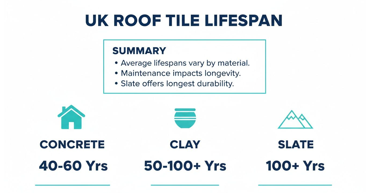 Infographic showing UK roof tile lifespans: Concrete (40-60 Yrs), Clay (50-100+ Yrs), Slate (100+ Yrs).