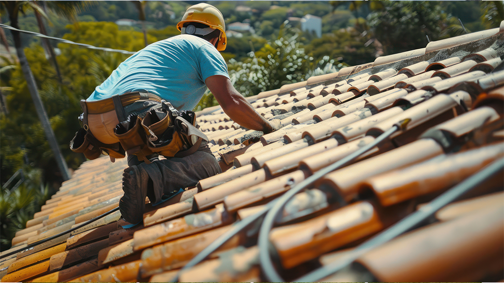 Roofers conducting maintenance on a tiled roof, one on a ladder, the other reviewing a checklist.