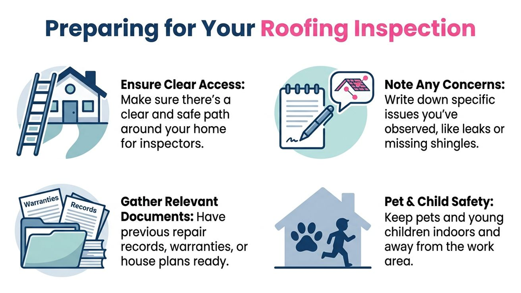 A checklist infographic illustrating tips for homeowners to prepare their property for a professional roofing inspection.