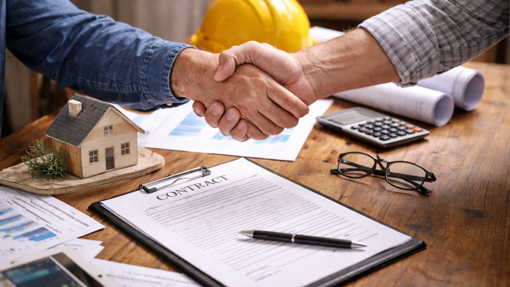 A close-up view of two men shaking hands over a business contract while working on construction financing.