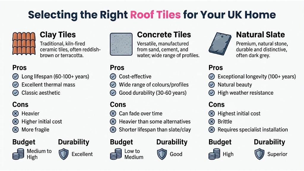 A comparison chart outlining the pros, cons, budget, and durability of clay, concrete, and slate roof tiles.
