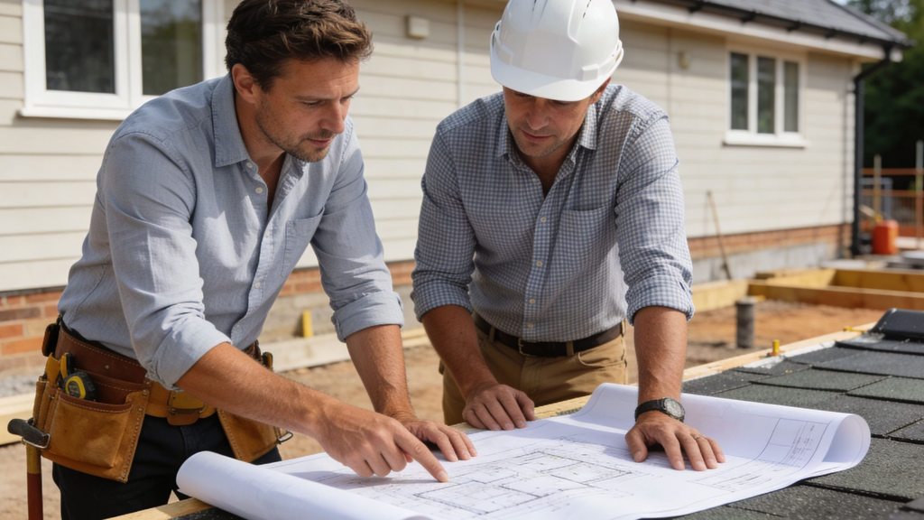 A construction worker and an architect examining a house blueprint on a residential job site.