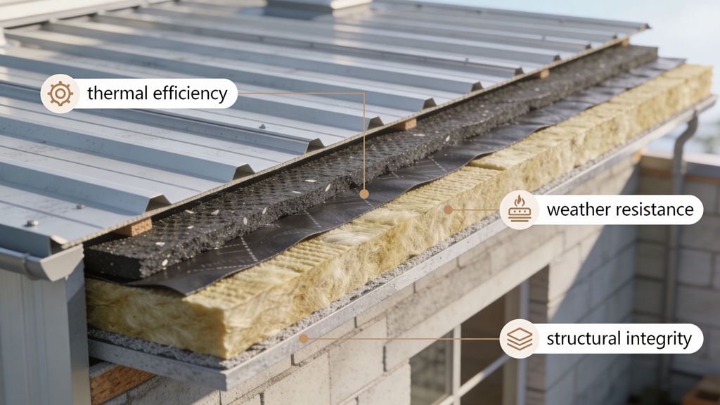 A detailed 3D rendering of industrial metal roofing construction layers showing thermal insulation and weatherproofing materials.