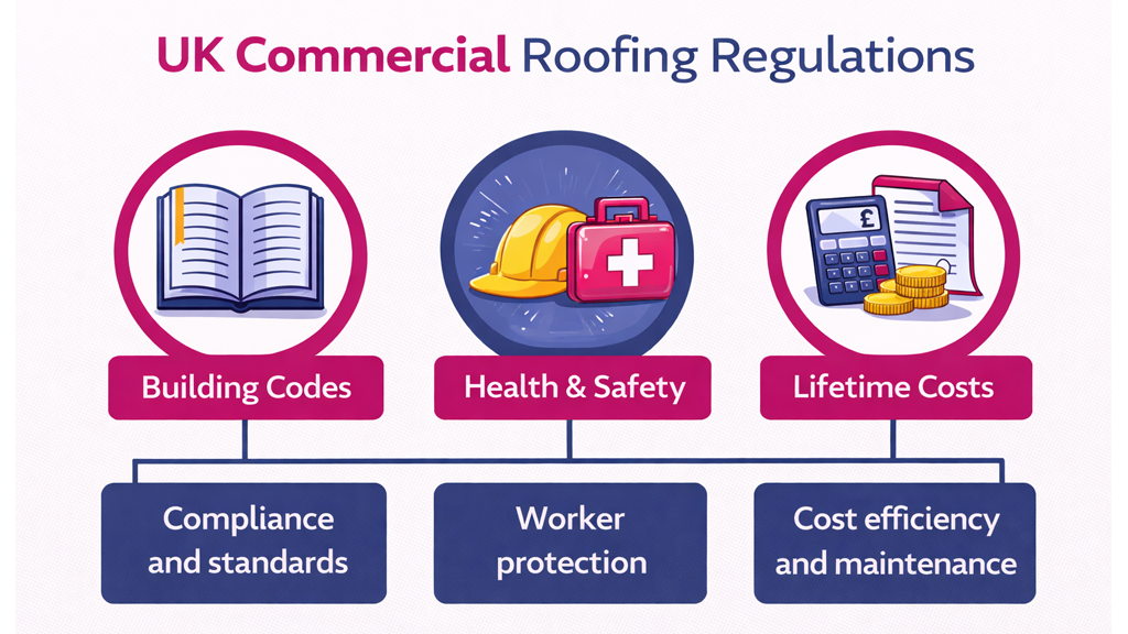 A diagram outlining UK commercial roofing regulations, including building codes and health and safety, alongside lifetime costs.