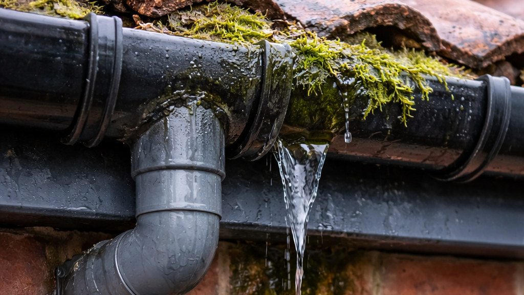 A leaky black gutter and gray downpipe on a brick house, with water stains and green moss.