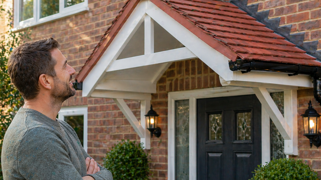 A man smiling while looking at his home with a newly installed red tiled roof entrance canopy.
