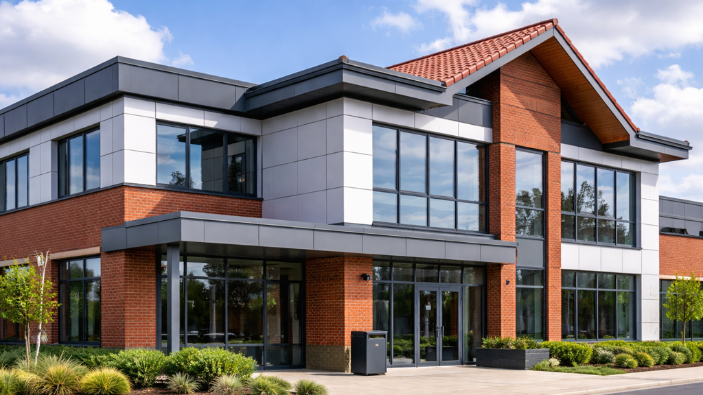 A modern commercial building exterior showcasing a blend of flat roofing, pitched roofing, brick masonry, and insulated cladding panels.
