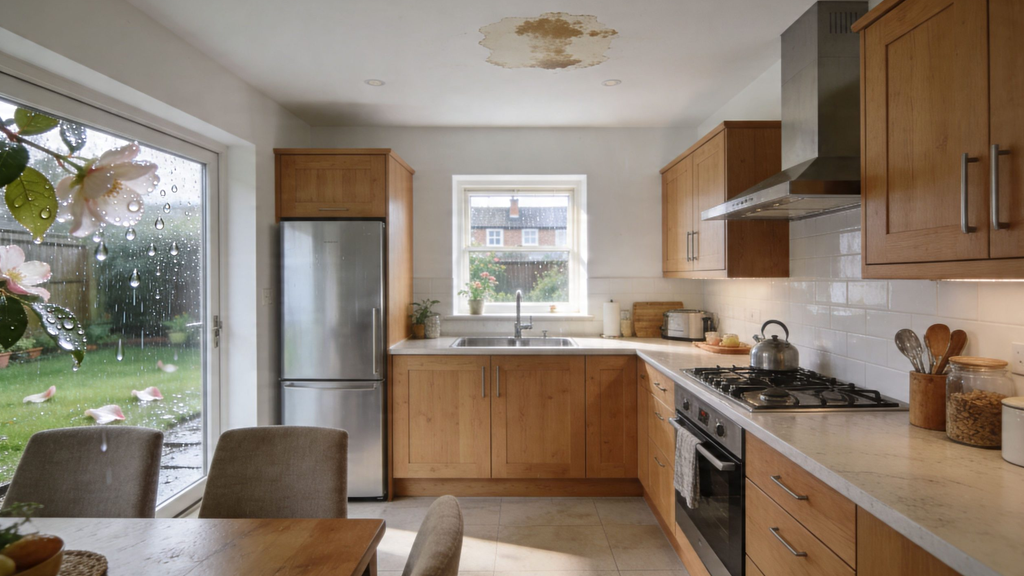 A modern kitchen interior showing a large, unsightly water damage stain on the ceiling needing repair.