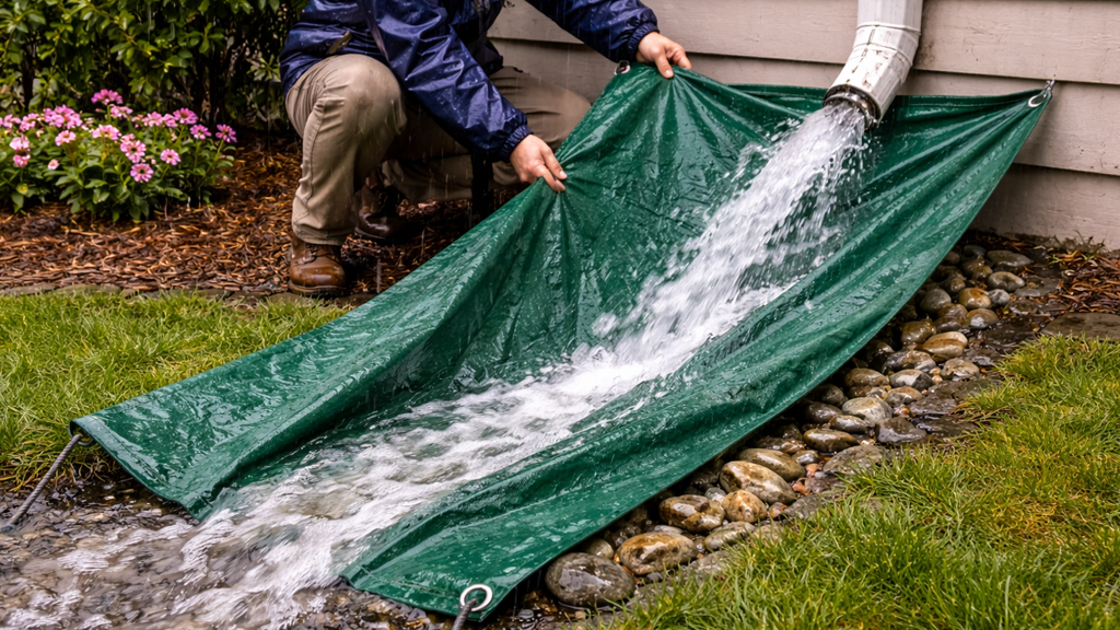 A person uses a green tarp to divert a heavy stream of water from a house downspout, preventing yard flooding.