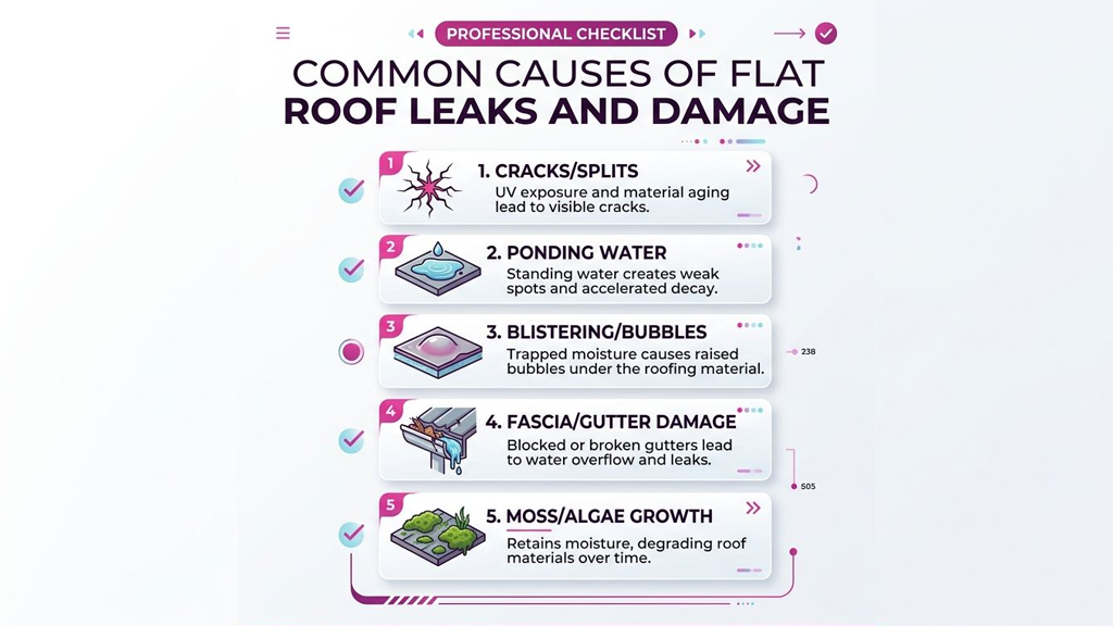 A professional checklist infographic showing five common causes of flat roof leaks and structural damage.