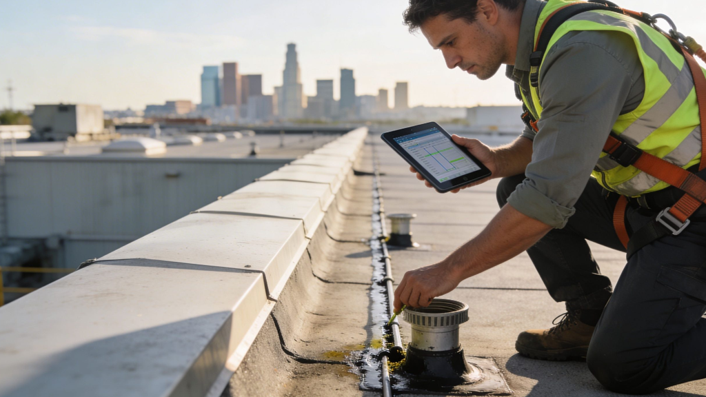 A professional construction worker inspecting industrial roofing equipment on a rooftop with a city skyline backdrop.