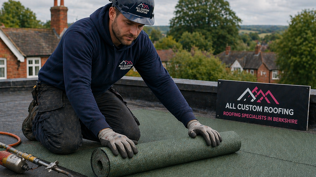 A professional roofer wearing safety gear installing a green bitumen membrane on a London flat roof.