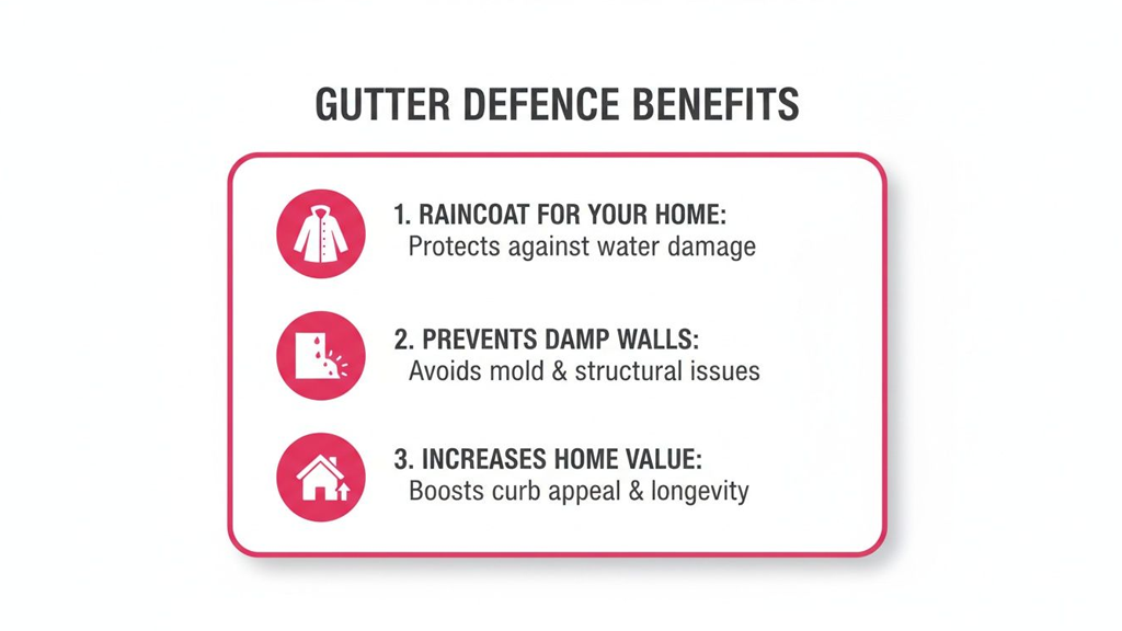 An infographic showing three gutter defence benefits: protecting home from water damage, preventing damp walls, and increasing home value.
